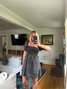 Hill House Black Floral Smocked Mini Dress